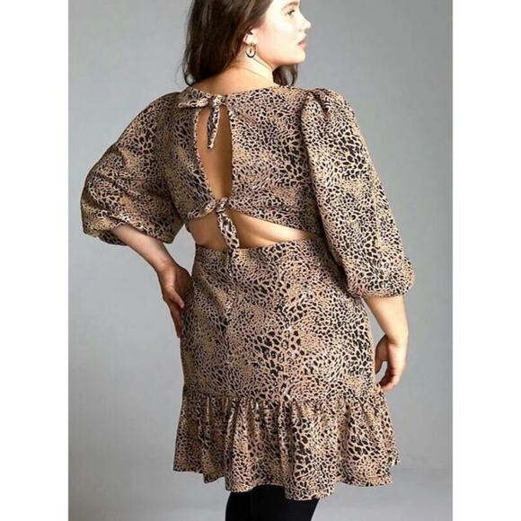 Anthropologie Maeve Animal Print Knit Cut-Out Mini Dress Leopard Tiered Size 14 - Picture 4 of 11